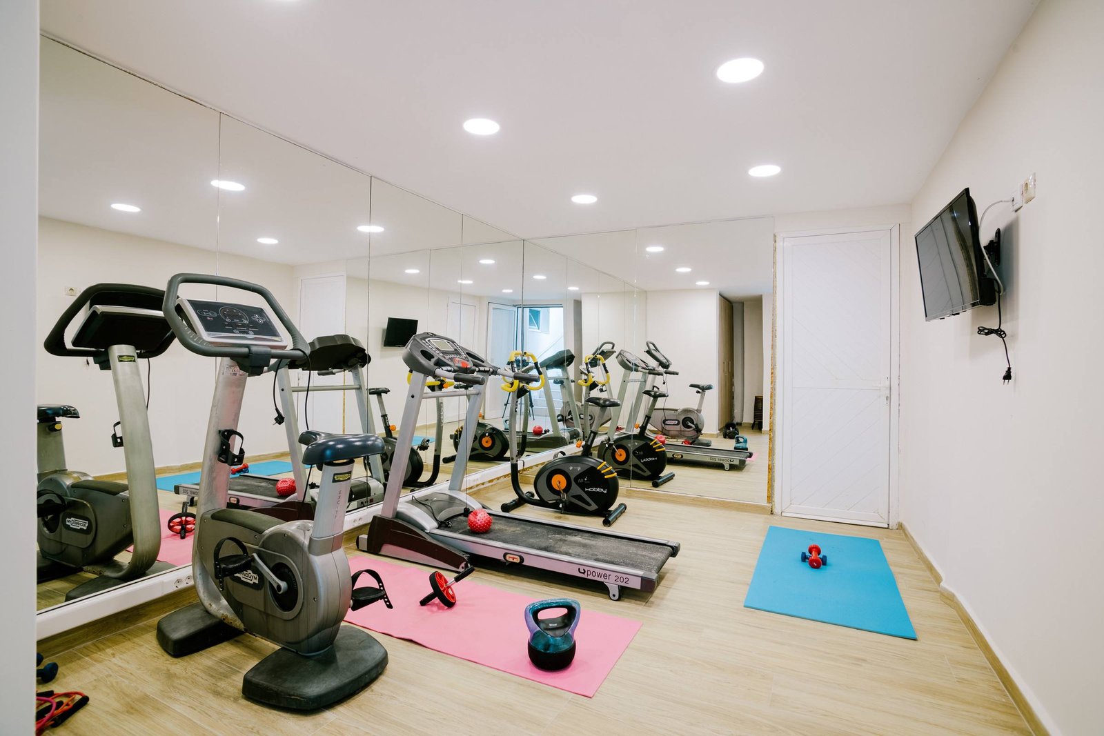 Private gym with treadmill, bikes and weights
